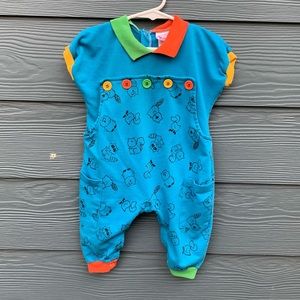 Vintage 12M Blue Buster Brown Onesie Squirrel Raccoon Duck Owl